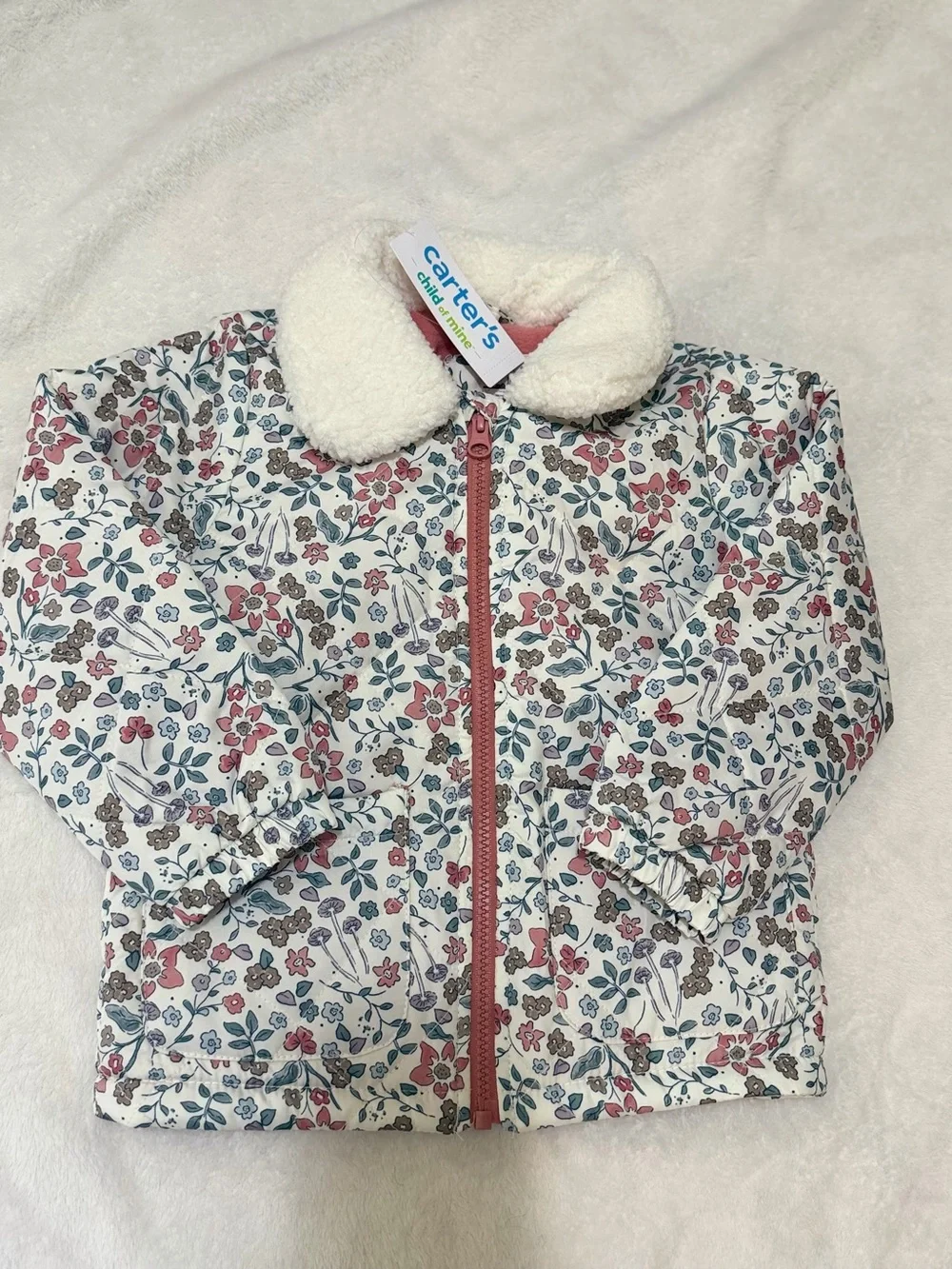Carter's Floral Sherpa-Trim Puffer Jacket in Cream and Dusty Rose